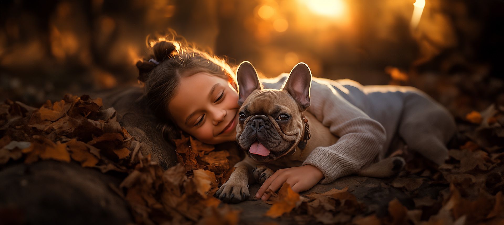 Young girl with Frenchton Puppy in forest during the autumn