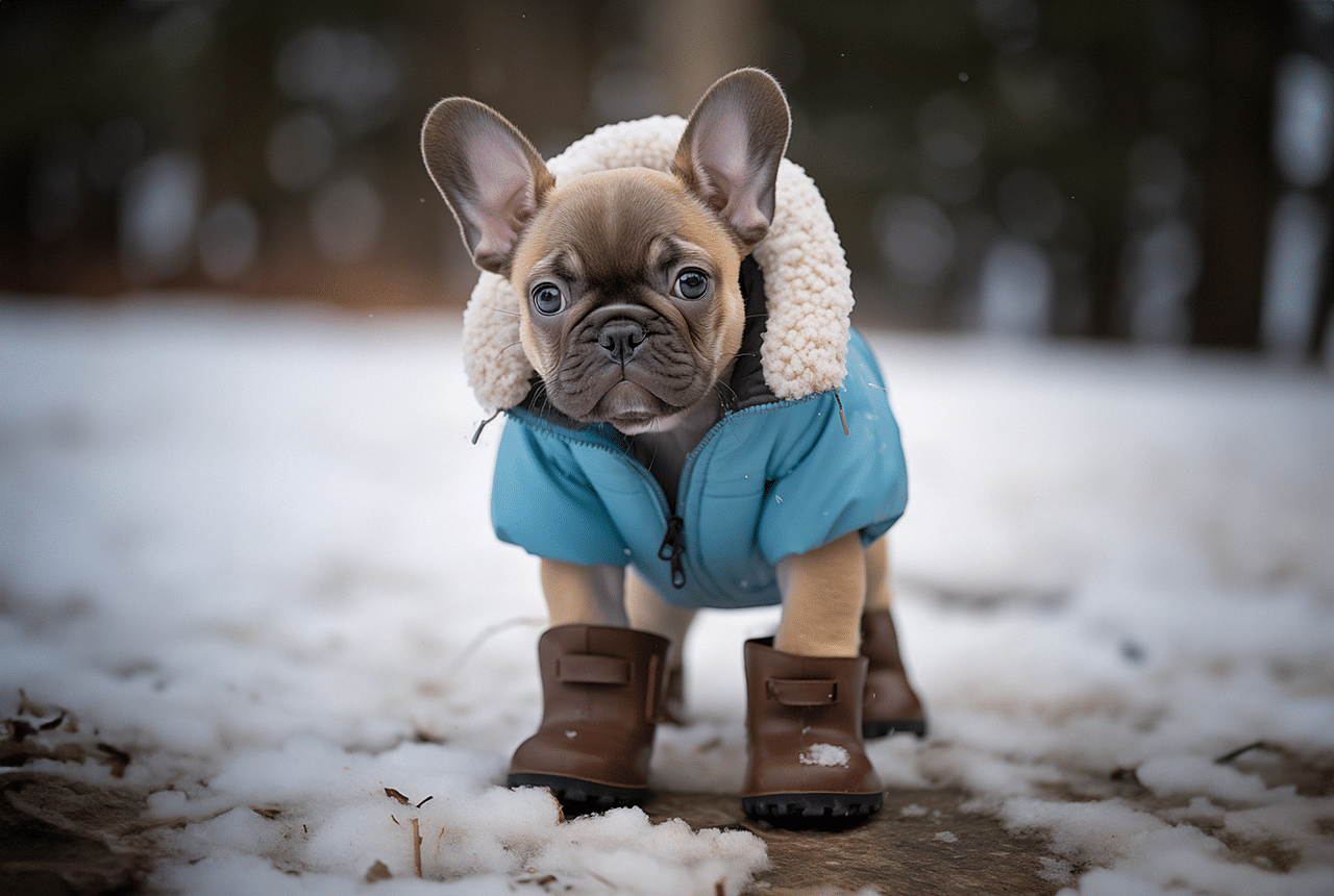 Frenchton Pup winter jacket and booties